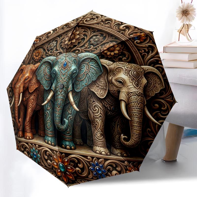 1pc Sturdy 8-Bone Auto Umbrella, Elephant Umbrella, Digital Printed, Foldable Umbrella for On-the-Go Outdoor Use