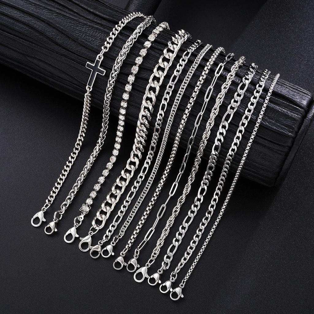 Simple Stylish Punk Hip-Hop Stainless Steel Cross Rhinestones Chain Bracelet Set for Men Women Vacation Date Casual Jewelry Gift