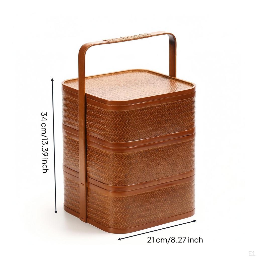Three-Tier Carrying Basket Stackable Woven Box with Handle Portable Bamboo