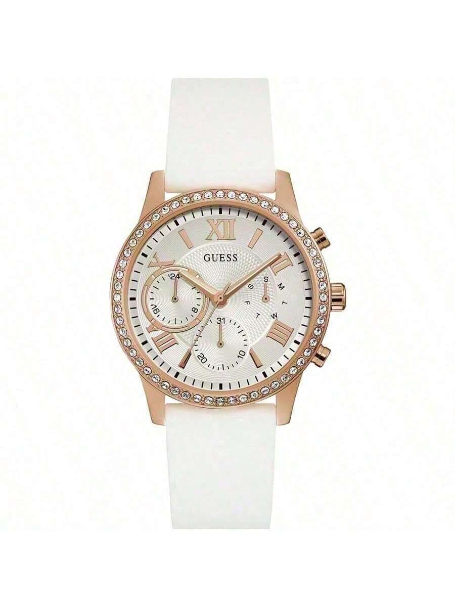 

Solar Fashion Multi-function Crystals Pink Dial Rubber Strap Quartz Watch for Daily Party Clothing Decor Stylish Gift for Women W1135L1