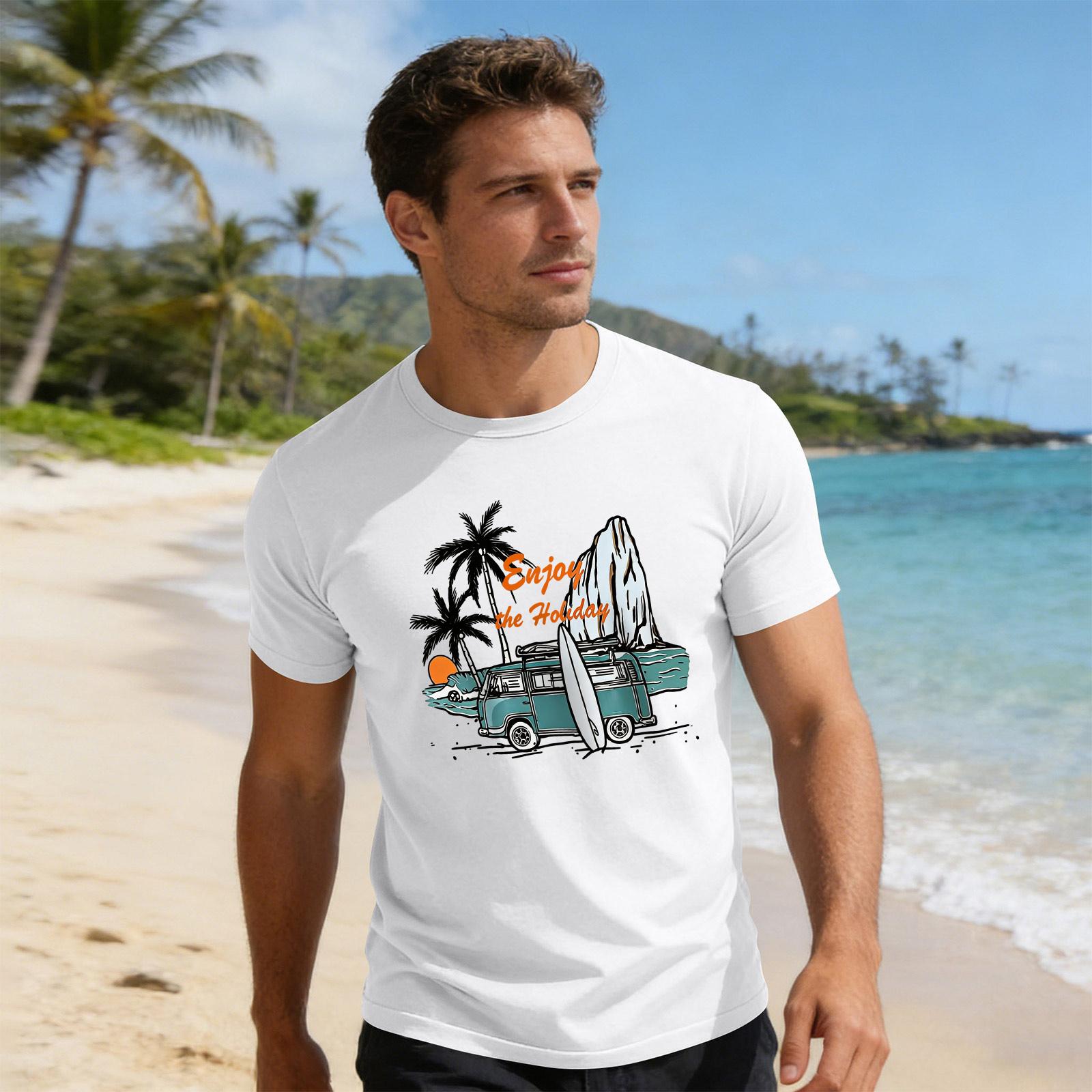 

Men Crew Neck Short Sleeve T Shirt with Surf and Tree Graphic Print Casual Fit Soft Fabric Top L