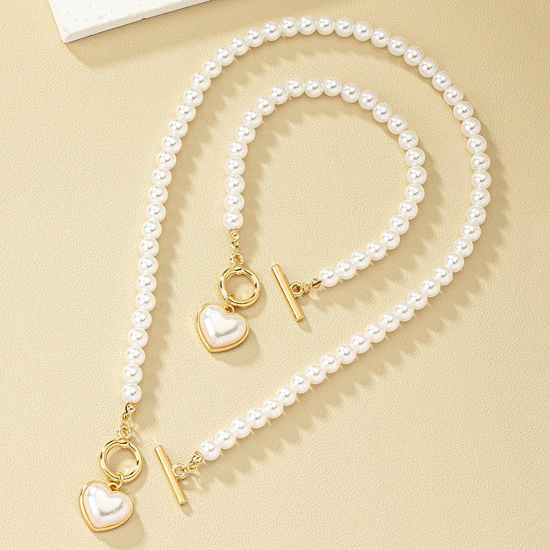 Elegant French Pearl Heart Necklace & Bracelet Set