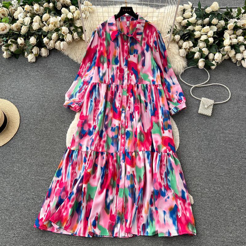 

Lazy Smudges Casual A- line Large Hem Print Dress Rose Red One size