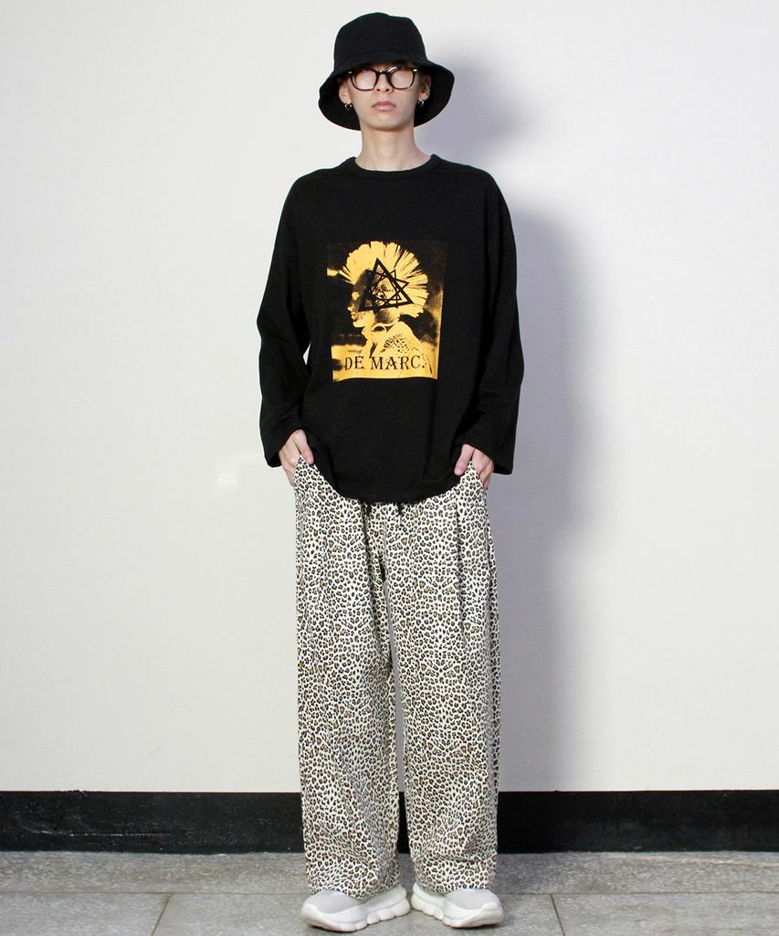 Deumakeu Leopard Print Wide One-Pleat Pants Beige