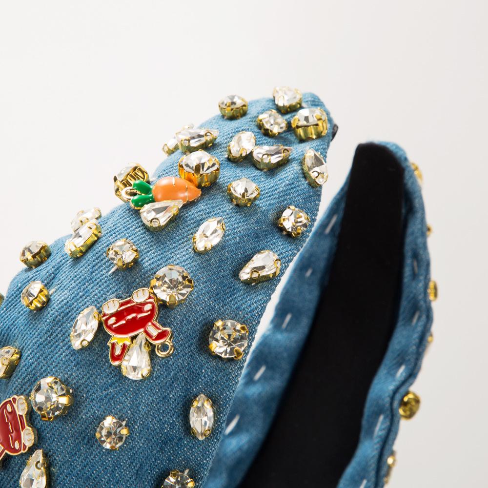 New Baroque Full Diamond Wide-Brim Hair Accessories High Quality Denim Fabric Diamond-Embedded Hand-Stitched Rabbit Headband