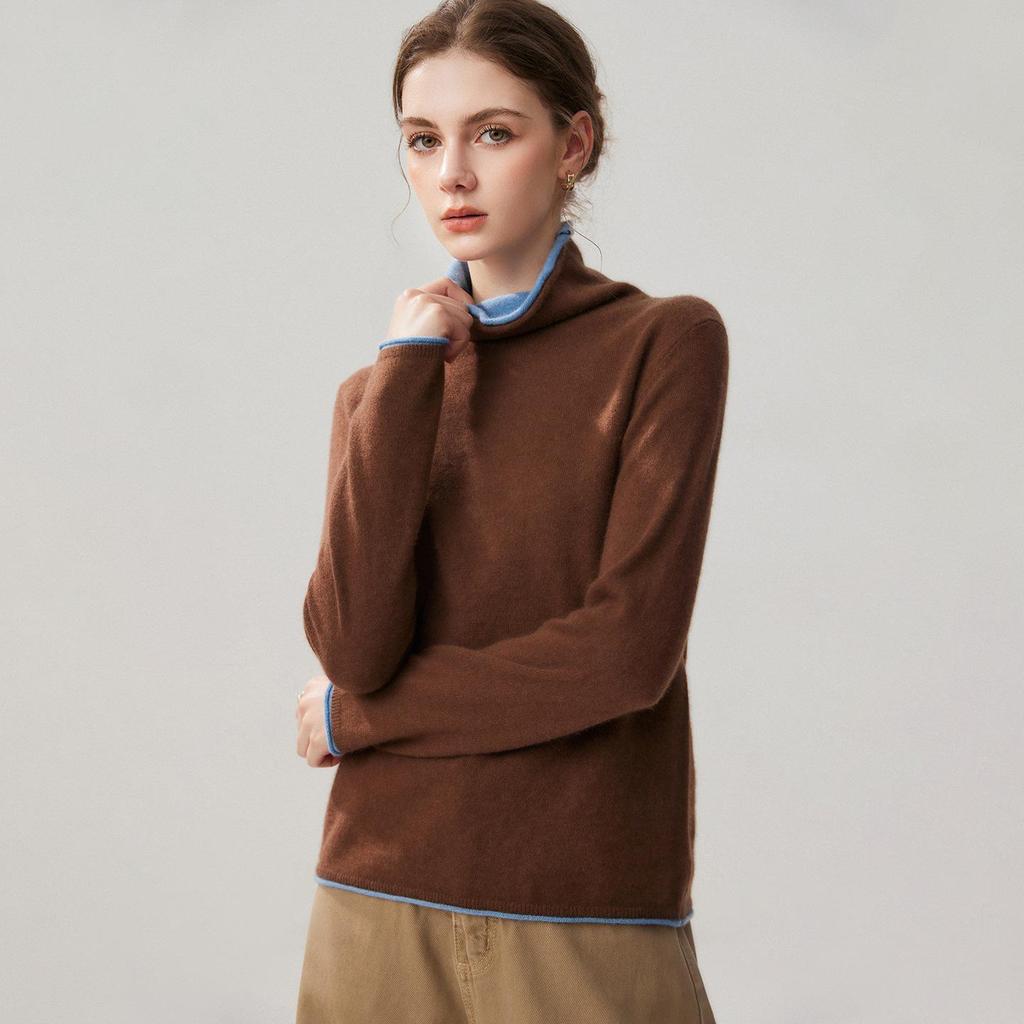 2026 A/W Stacked Collar Color Block Two-Piece Look Cashmere Women’s Pullover Long Sleeve Knit Sweater