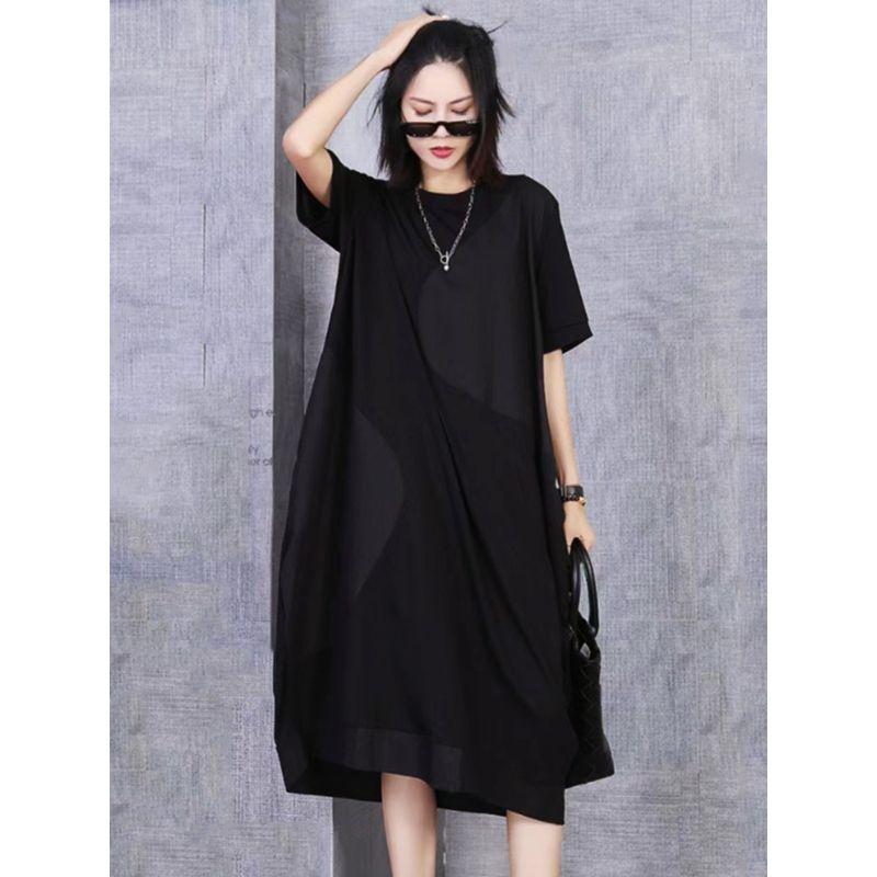 

Темный Ямамото Модная женская летняя одежда Большой размер Свободное Длинное платье Стрейч Драпировка Необычная Лоскутная Короткий рукав Платье Black All yards