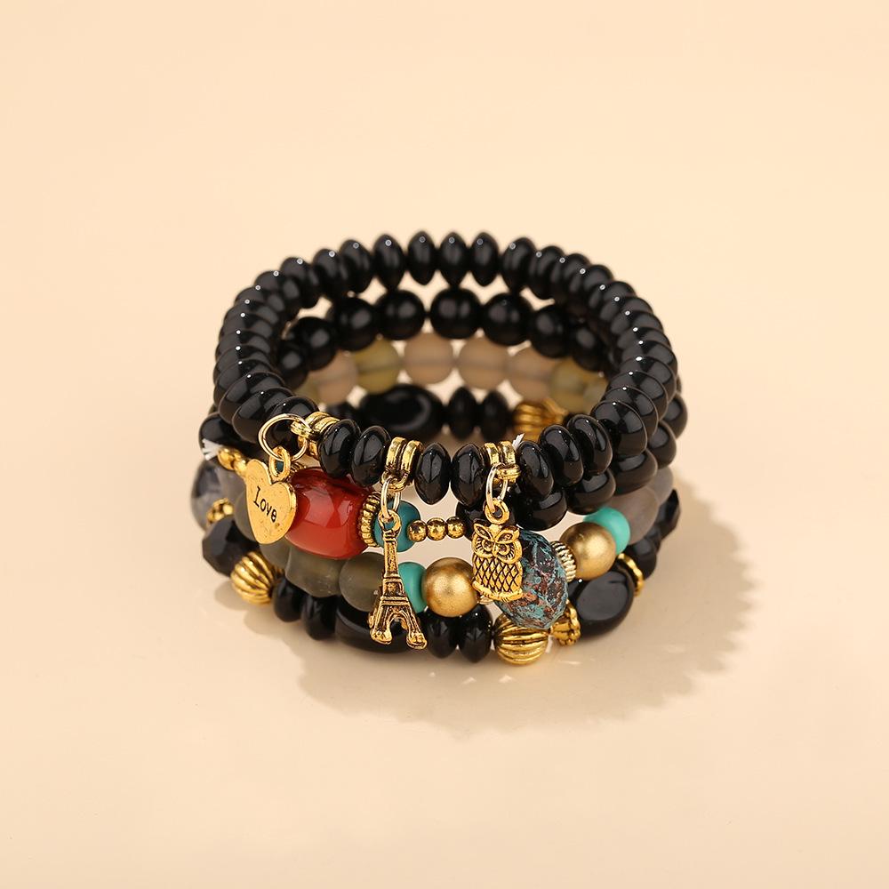 Bohemian Ethnic Multi-layer Bracelet with Owl, Heart & Eiffel Tower Pendants