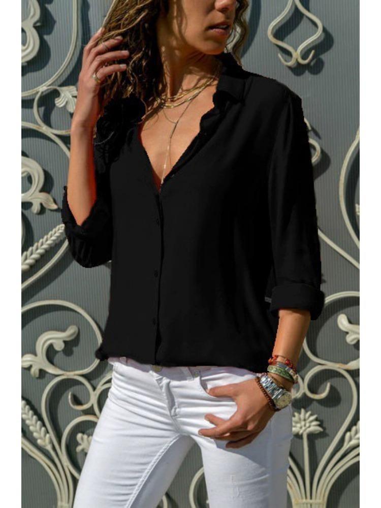 Women's Deep V Neck Long Sleeve Chiffon Shirt Solid Color Spring Summer Top