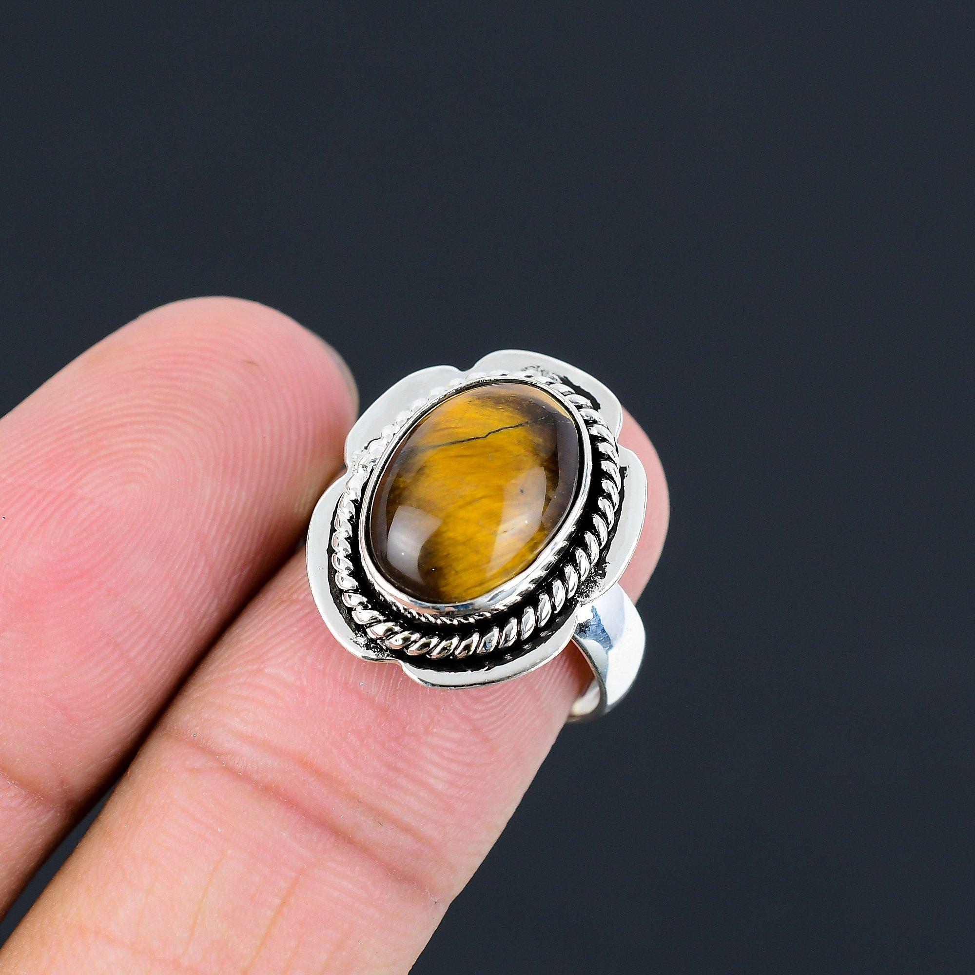 Friendship Day Sale 925 Silver Oval Tiger Eye Stone Solitaire Handmade Ring US 7 7