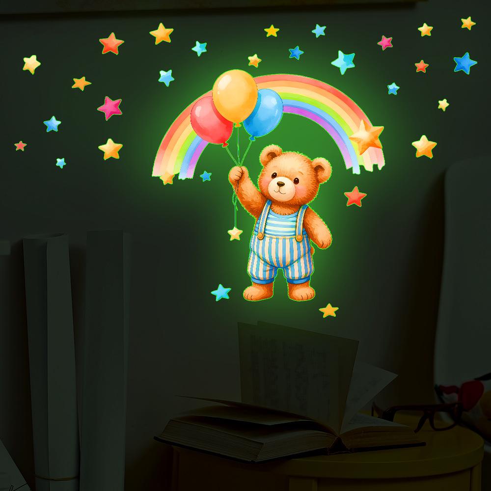 A Cartoon Bear Holding Balloons and A Rainbow-shaped Night Light Sticker for Wall Decoration in The Bedroom.