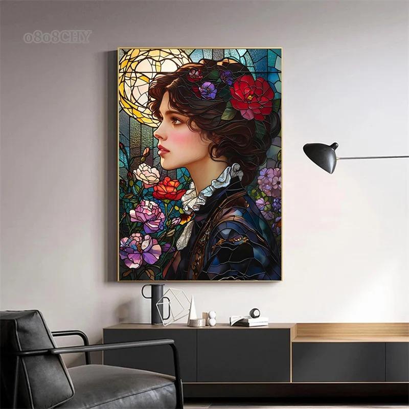 Beautiful Woman Floral Stained Glass Canvas Posters Canvas Print Art Painting Gothic Woman Flowers Wall Art Mural for Home Decor