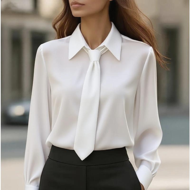 women s Tie Decor Point Collar Long Sleeve Blouse Solid Color Satin French Style Shirt For Office Commute Wear S белый