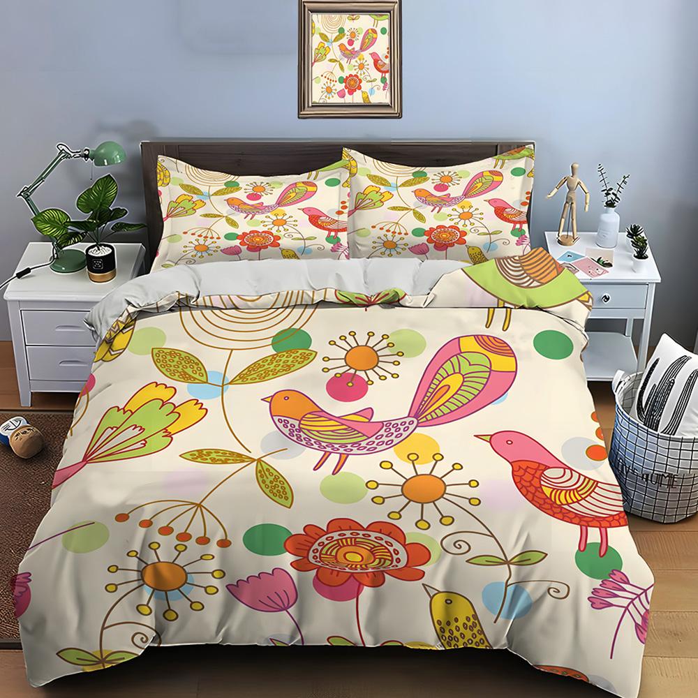 Colorful Cartoon Birds With Floral Print Soft Comfortable Duvet Cover Bedding Set Included 1*Duvet Cover  2*Pillowcases