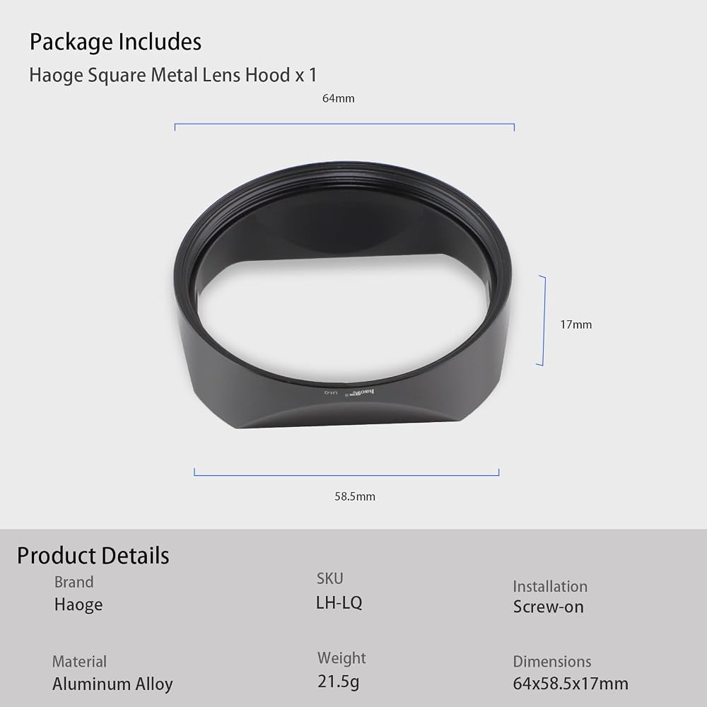 Haoge Metal Square Lens Hood for Leica Q3 Q2 Q Q-P QP Q3 Typ116 Camera Accessory Black LH-LQB
