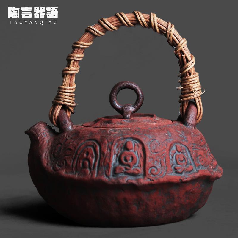 

480ml Coarse Pottery Red Dunhuang Grottoes Buddha Teapot Luxury Tea Infuser Pot Tea Making Kettle With Filter Tea Services Craft