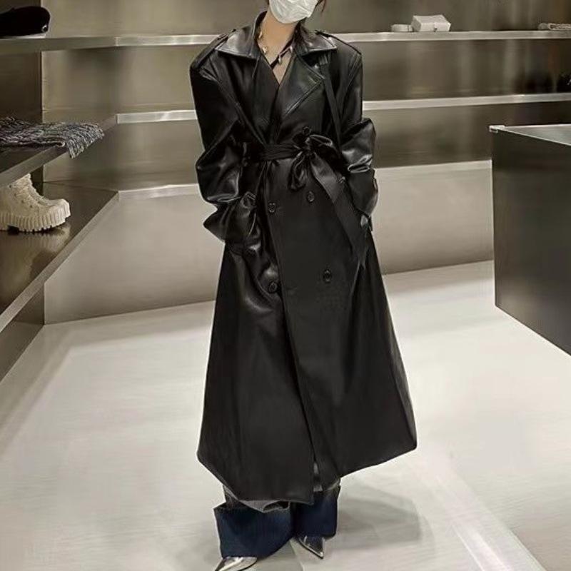 

Кожаная куртка-ветровка средней длины в европейском и американском стиле, женская весенне-осенняя тенденция, пальто выше колена из искусственной кожи M чёрный