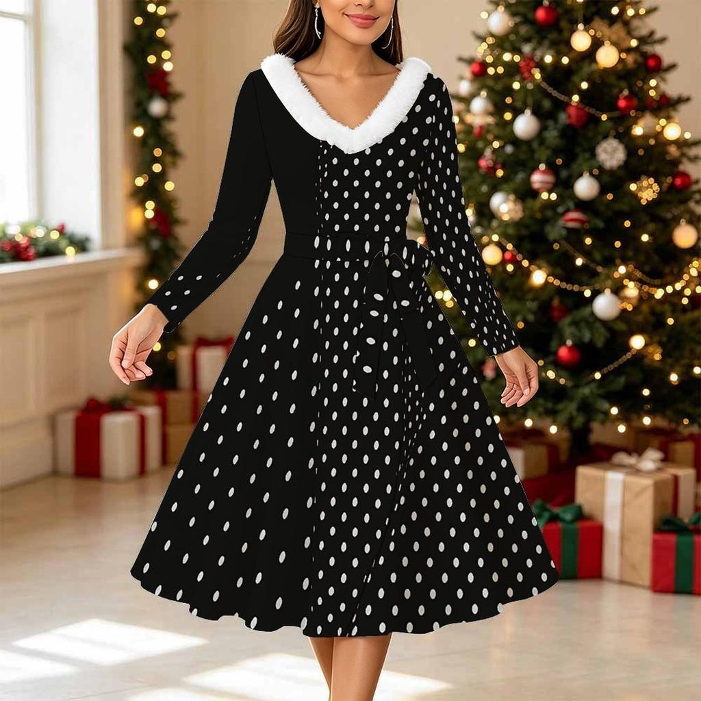 Women Polka Dot Print Midi Dress, Long Sleeve V‑Neck Furry Trim A‑Line Party Dress, Christmas Limited Edition