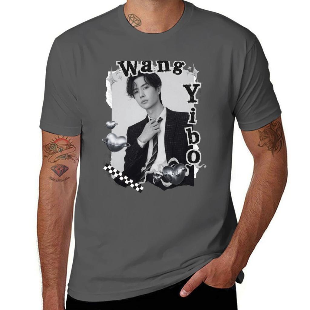 Wang Yibo Cdrama Actor Black And White Collage Design Tshirt Christmas Casual Short Sleeve Top
