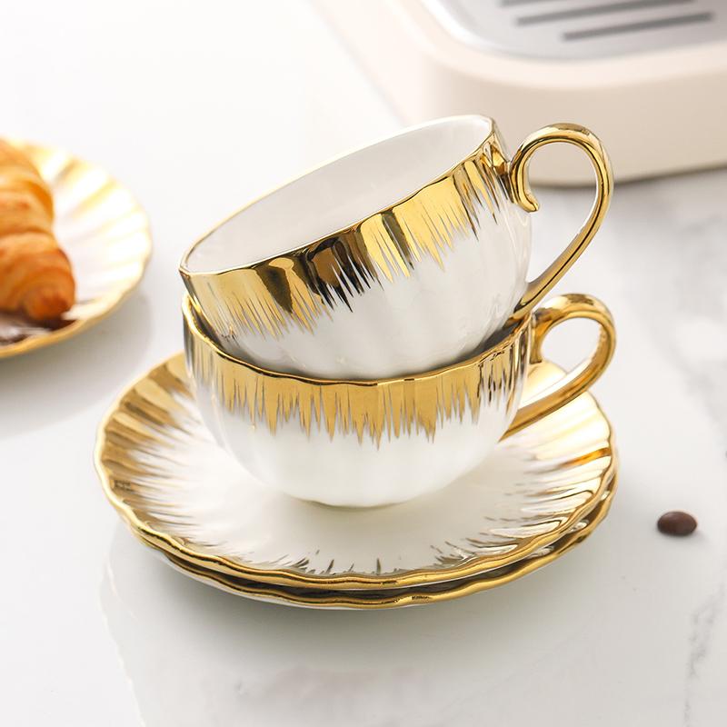 Golden Rim Bone china Coffee Cup Dish Set 250ml Light Luxury High End Handle Mugs Exquisite Afternoon Tea Ceramic Dessert Dish