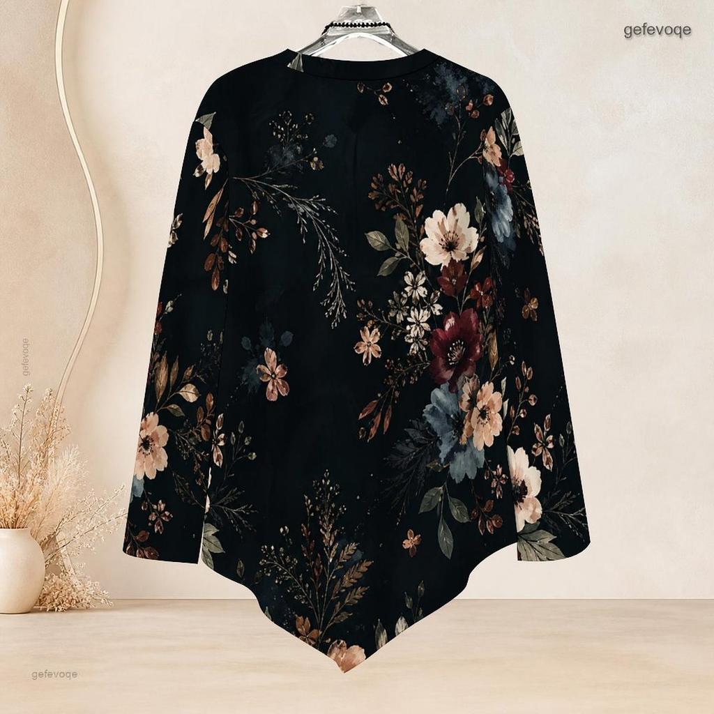 Women Plus Size Round Neck Long Sleeve T Shirt Dark Green Gold Floral Printed Asymmetric Hem Button Detail