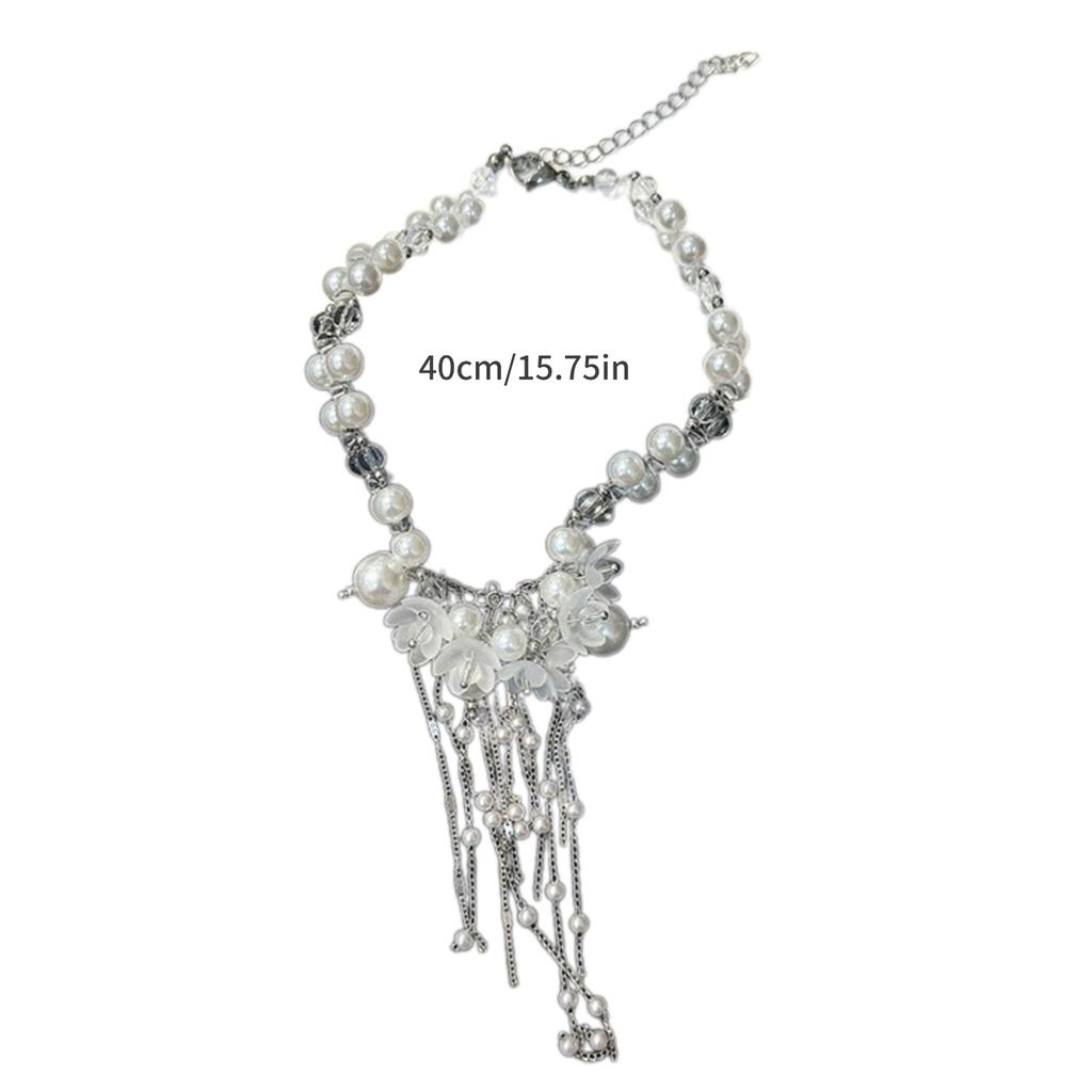 Fashionable Pearl Bead Neckchain Flower Pendant Fringe Collarbone Necklace Adjustable Choker Stylish Accessory for Women