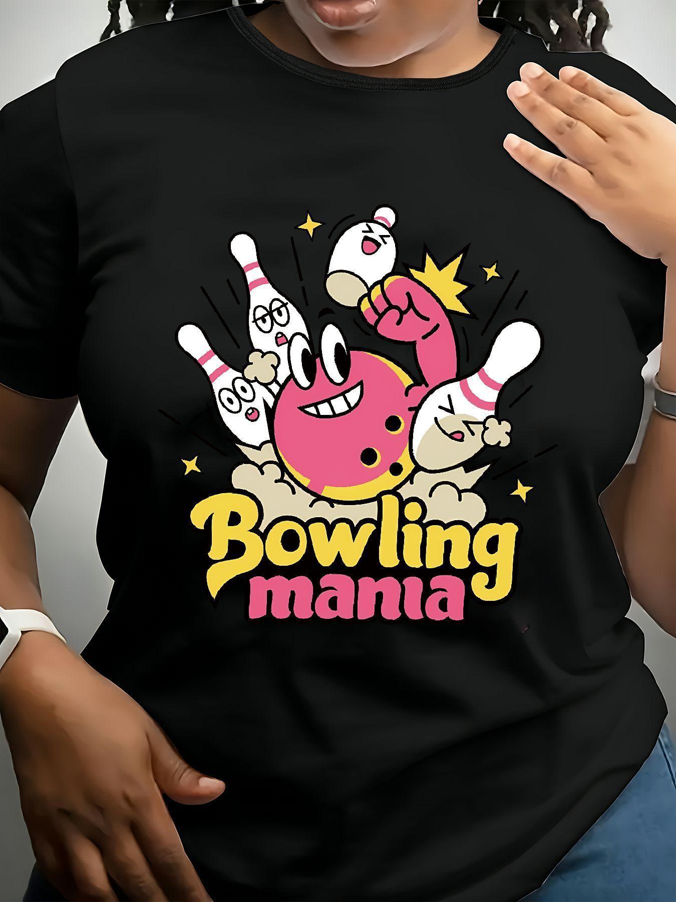 Plus Size, Plus Size Women s Bowling Mania Graphic T-Shirt - Oversized Casual Short Sleeve Crewneck Tee with Cartoon 2XL чёрный