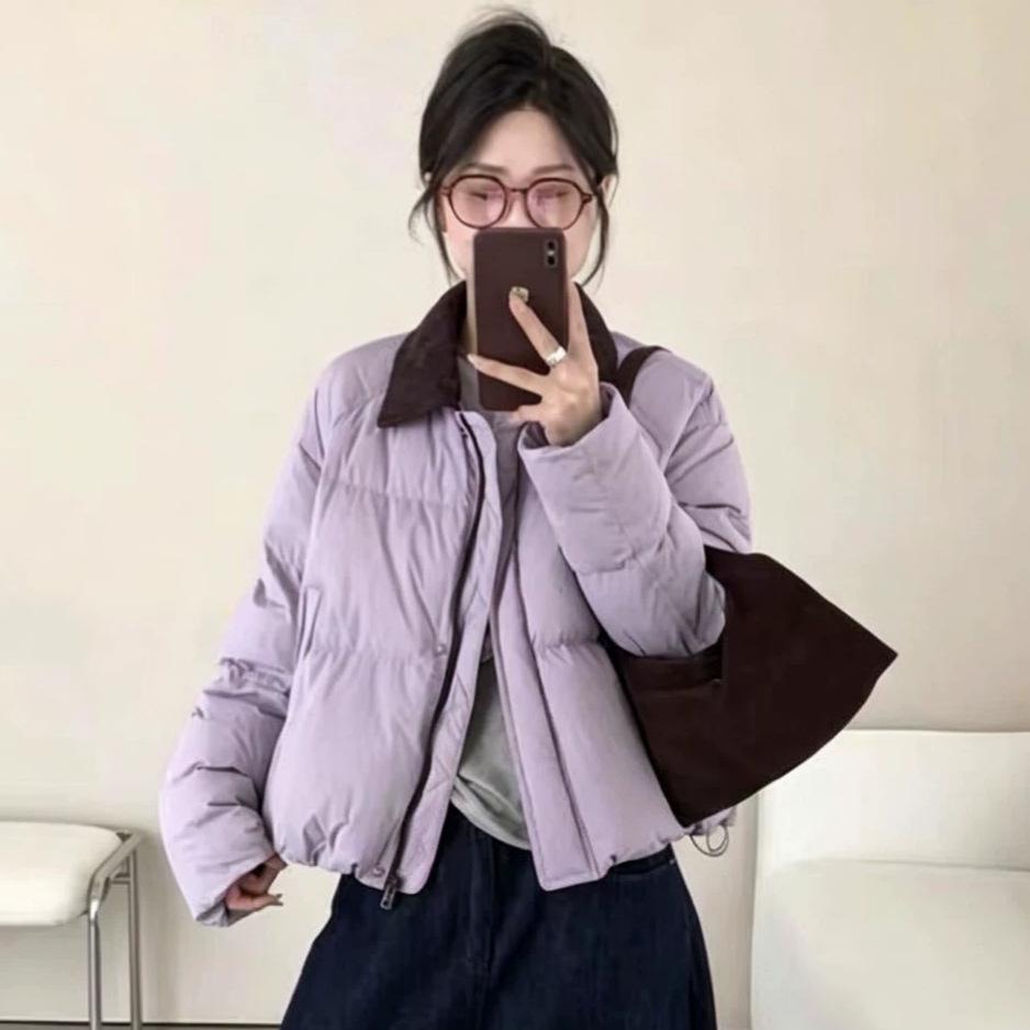 Winter white duck down jacket women's new loose short college style small corduroy lapel jacket