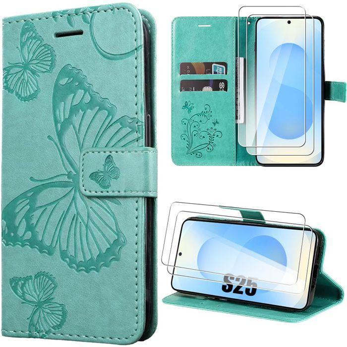 Coque de protection - BOOLING - pour Samsung Galaxy S25 - Cuir synthétique vert - Motif papillon - 2 verres trempés