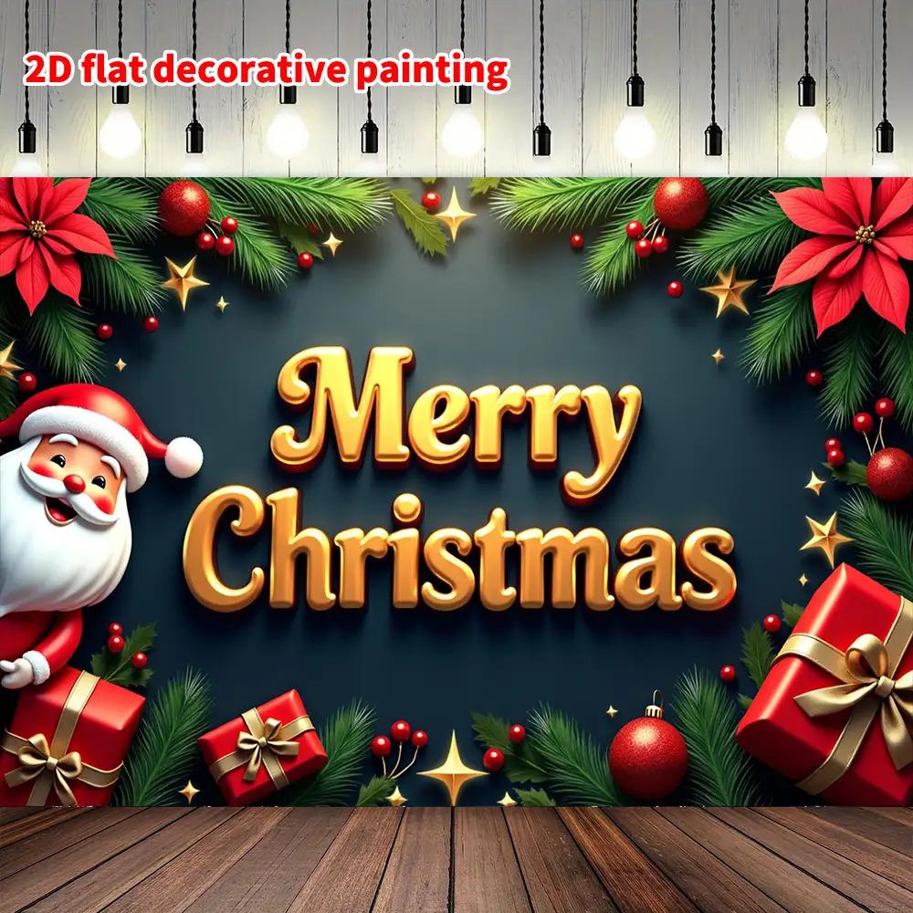 2D flat 1 piece Christmas banner background with Santa Claus red poinsettia gold bell and holly 180X110