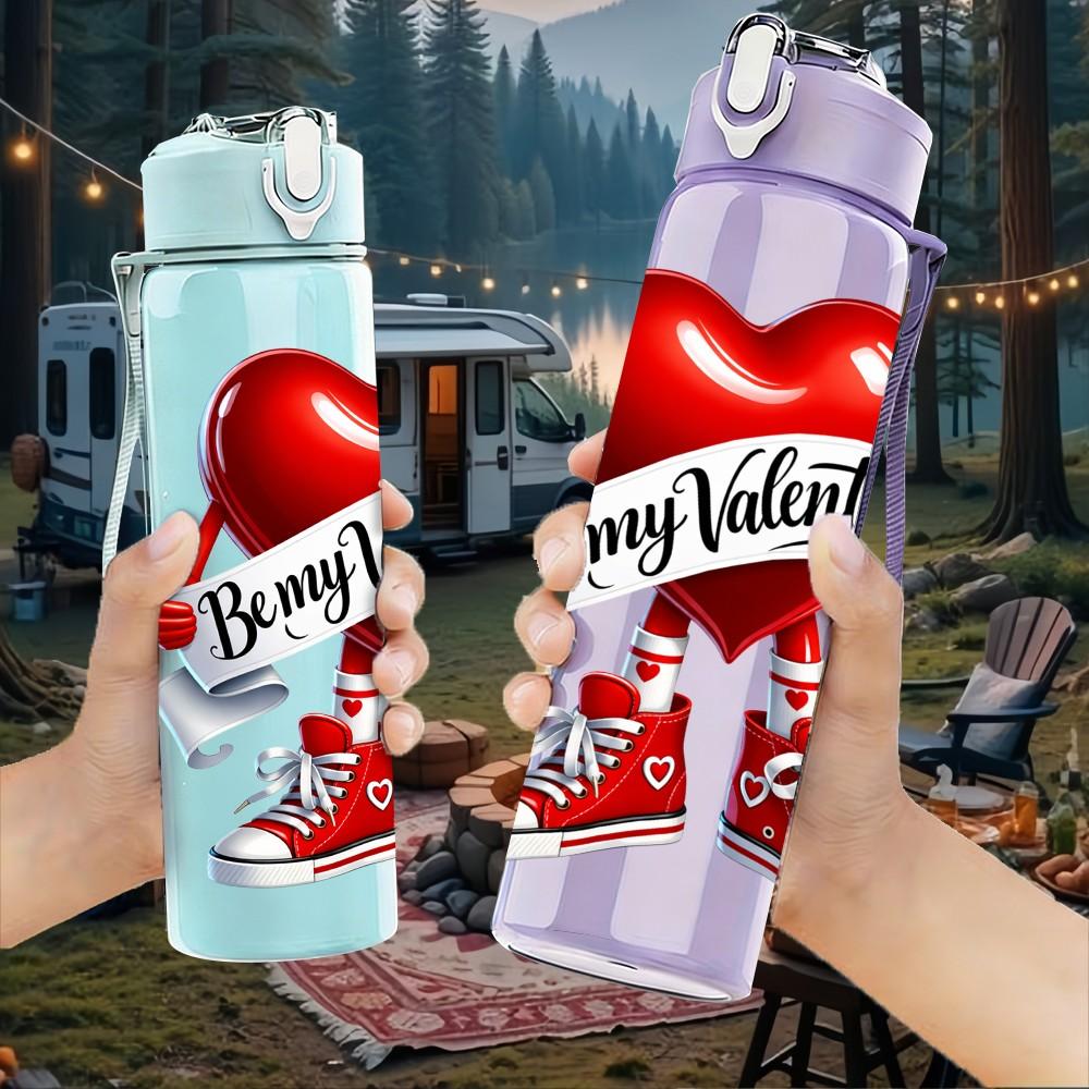 1PC Happy Valentine Heart Sneaker Art 750ml Color Plastic Sports Water Bottle Leakproof Flip Straw Lid Suitable for Sports Office Home Use