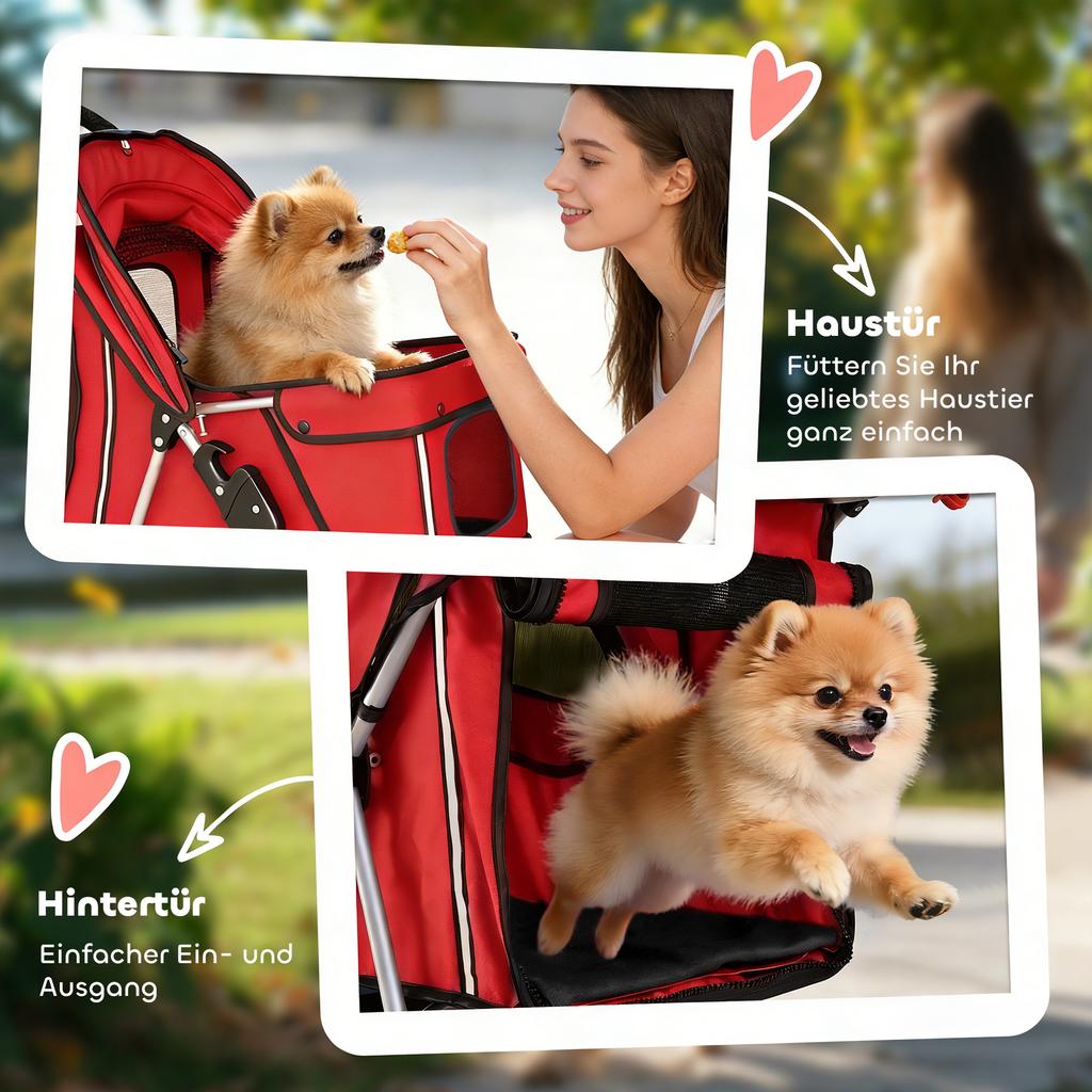 Dog Pram, Pet Stroller with Reflective Strips, Foldable Cat Stroller with 360 Degrees Swivel Wheels, Red