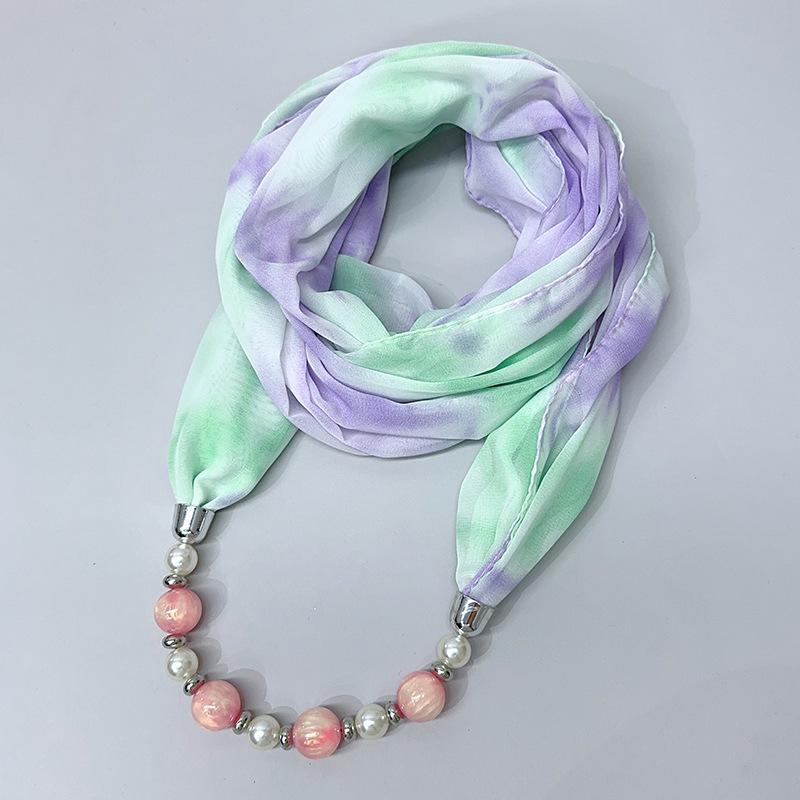 Chic Printed Scarf Necklace with Pearl and Bead Accents – Lightweight Chiffon Infinity Scarf for Women, Fashion Statement Accessory