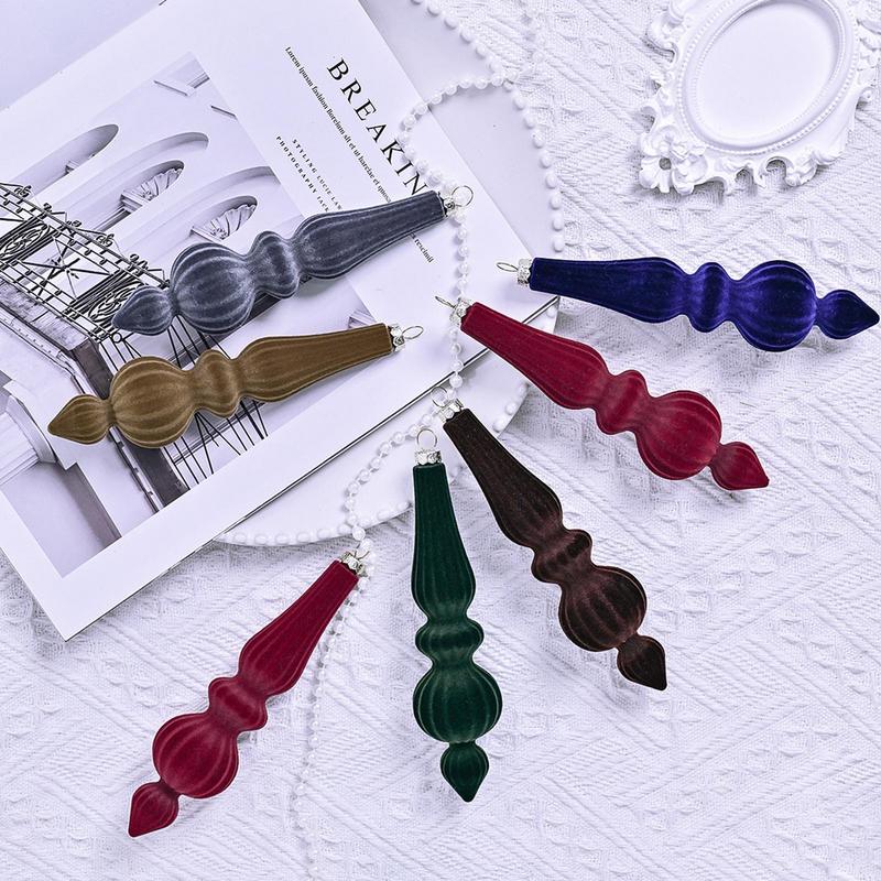 6pcs Flocked Velvet Christmas Gourd Pendant Shatterproof Plastic Christmas Cone Ball Set Reusable Xmas Tree Hanging Ornaments