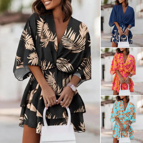 V-Neck Batwing Sleeve Layer Ruffle Hem Holiday Dress Summer Casual Waist Drawstring Coconut Leaves Print Mini Dress Female Clothes