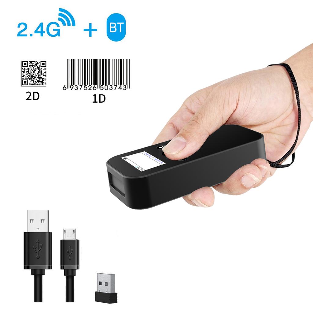 2D 1D Wireless USB 2.4G BT Barcode Scanner with Screen Display Handheld Bar Code Reader Battery Leve