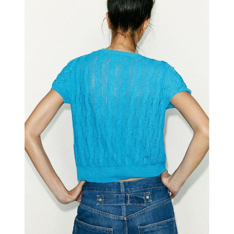 Summer New Product Women's Clothes French Style Single Row Multi-Buckle Minimalist Textured round Neck Short Sleeve Knitting Outwear 4737006