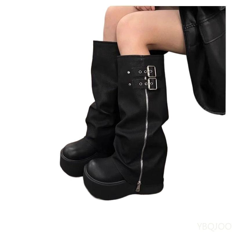 Fashion New Spring Retro Trend Minimalist Women Thick Soled Height Increasing Shoes Women Fashionable Versatile Knee High Heels Boots