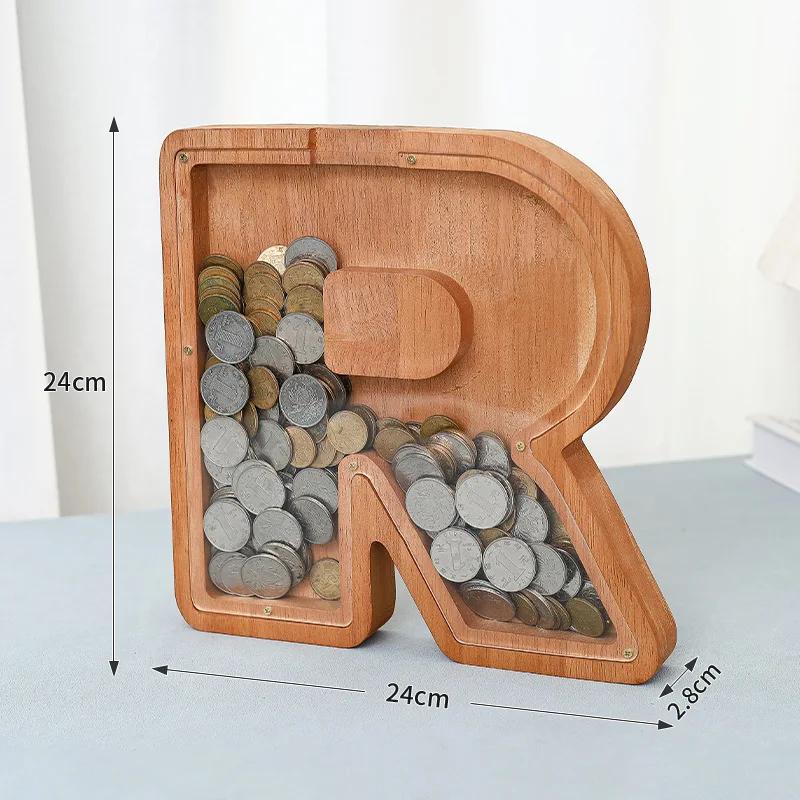 23cm Large Size Twenty-six Letter Piggy Bank Wooden Coin Money Saving Box Jar Coin Storage Box Desktop Ornament Home Decor Craft