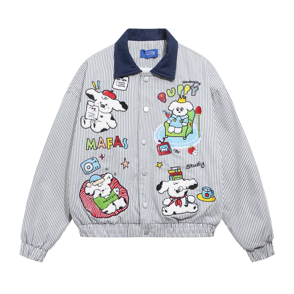 

Cartoon Puppy Embroidered Velvet Jacket: Men s Trendy Color Block Lapel Coat Extra Large синій