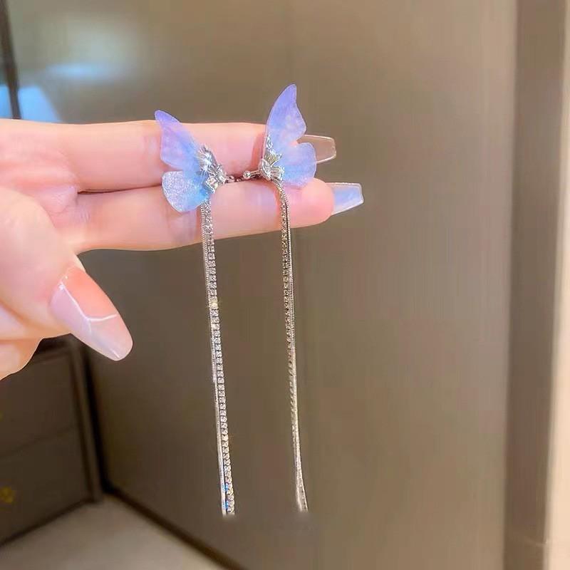 Silver Needle Crystal Butterfly Tassel Earrings with Pearls - Elegant, Nature-Inspired Jewelry for Women.