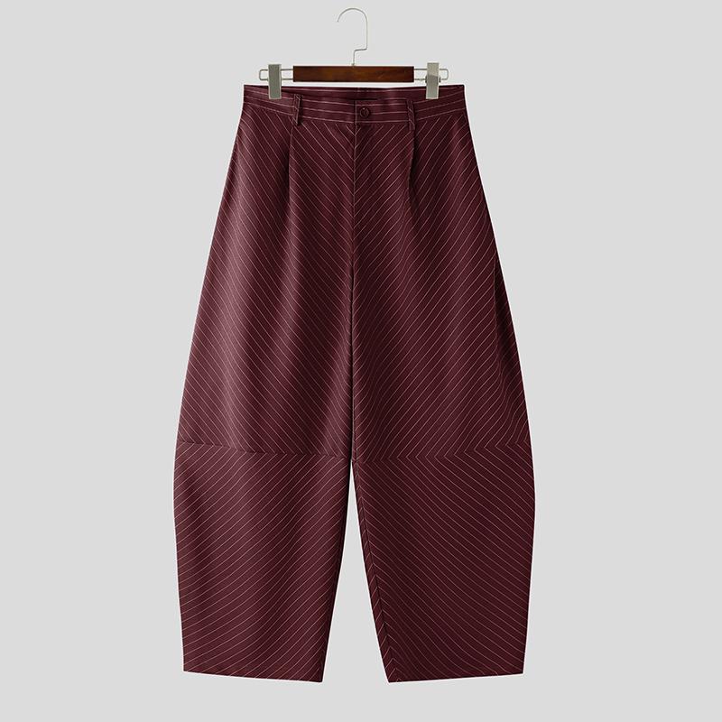 INCERUN Summer Men Zipper Waist Casual Striped Long Pants Trousers
