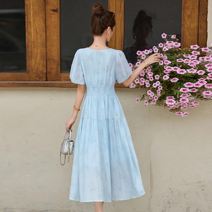 Summer new fashion V-neck lady temperament waist thin design bubble sleeve dress women