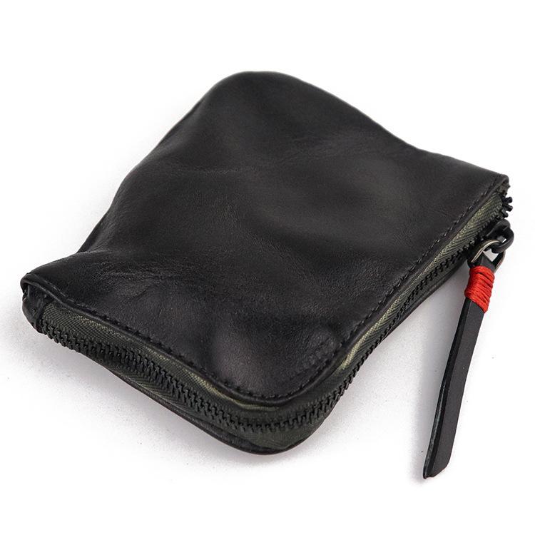 Layered Vegetable Tanned Leather Coin Purse Handmade Vintage Style Zipper Simple Mini Coin Bag