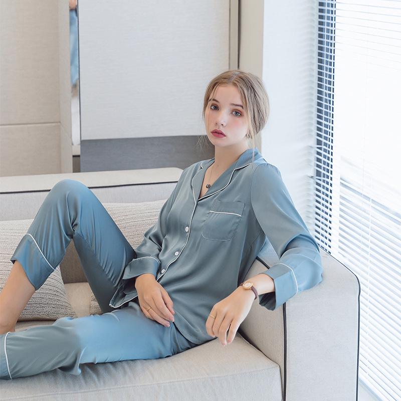 Ice Silk Couple Pajamas: Women's Long Sleeve Two-Piece Set, Spring/Autumn, Thin Style, Plus Size, Stylish Men's Home Wear