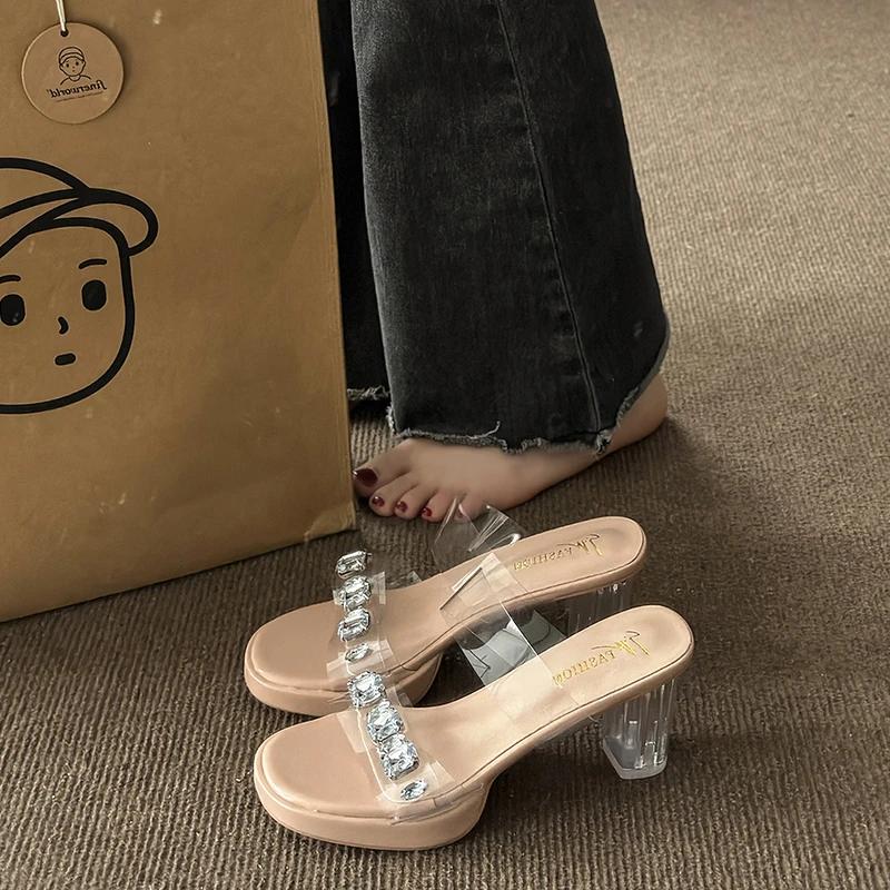 Sandale cu toc înalt pentru femei, vara 2024, îmbrăcăminte exterioară nouă, cu platformă cu strasuri transparente, sandale sexy cu toc gros din cristal, cu zână