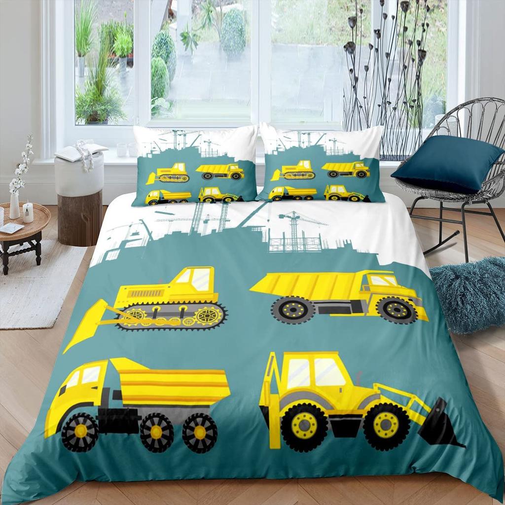 Excavator Duvet Cover Set Microfiber Tractor Truck Comforter Cover Twin Construction Vehicle Cartoon Bedding Set For Boys Teens