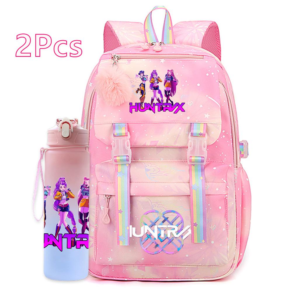 2Pcs/set Cute K-Pop Demon Hunters Printed Backpack with 750Ml Water Bottler for Teenager Student Girl Boy Large Capacity Waterproof Bookbag Travel Bag