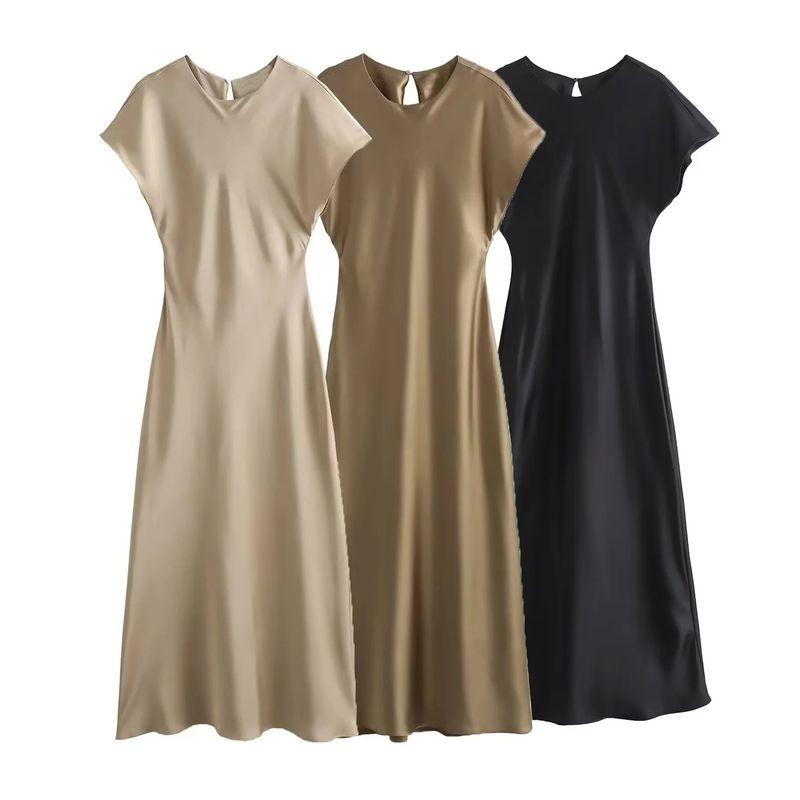 

2024 Silk Texture Midi Dress Midi Skirt Short Sleeve Dress Figure 3 XS