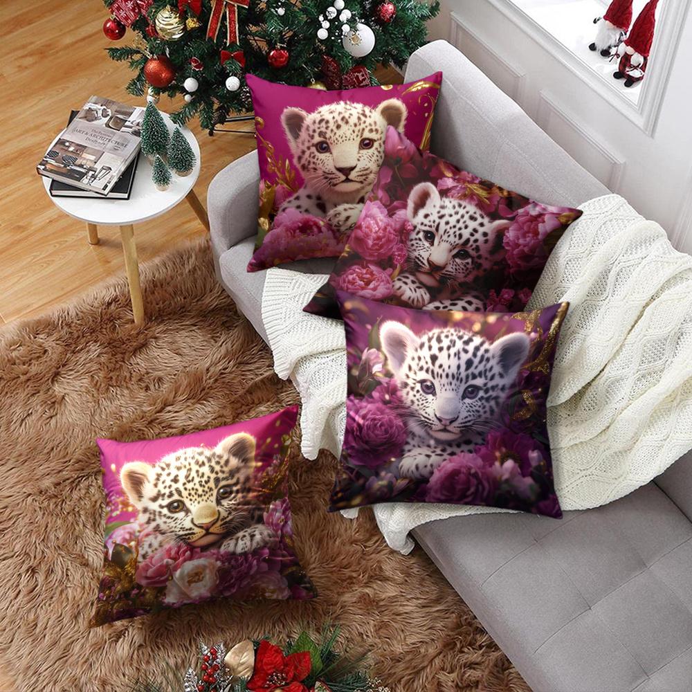 4Pcs Luxury Baby Leopard & Peony Throw Pillow Covers, Cute Leopard Cub With Floral Print Cushion Cases, Glam Animal Home Decor